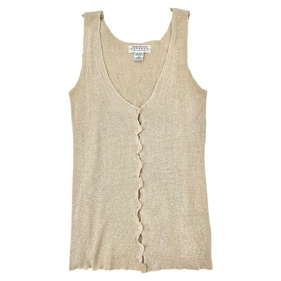 Vintage Tops - RAW SILK Vintage Express Beige Button Up Wild Silk Noil Tank Top Sleeveless Top